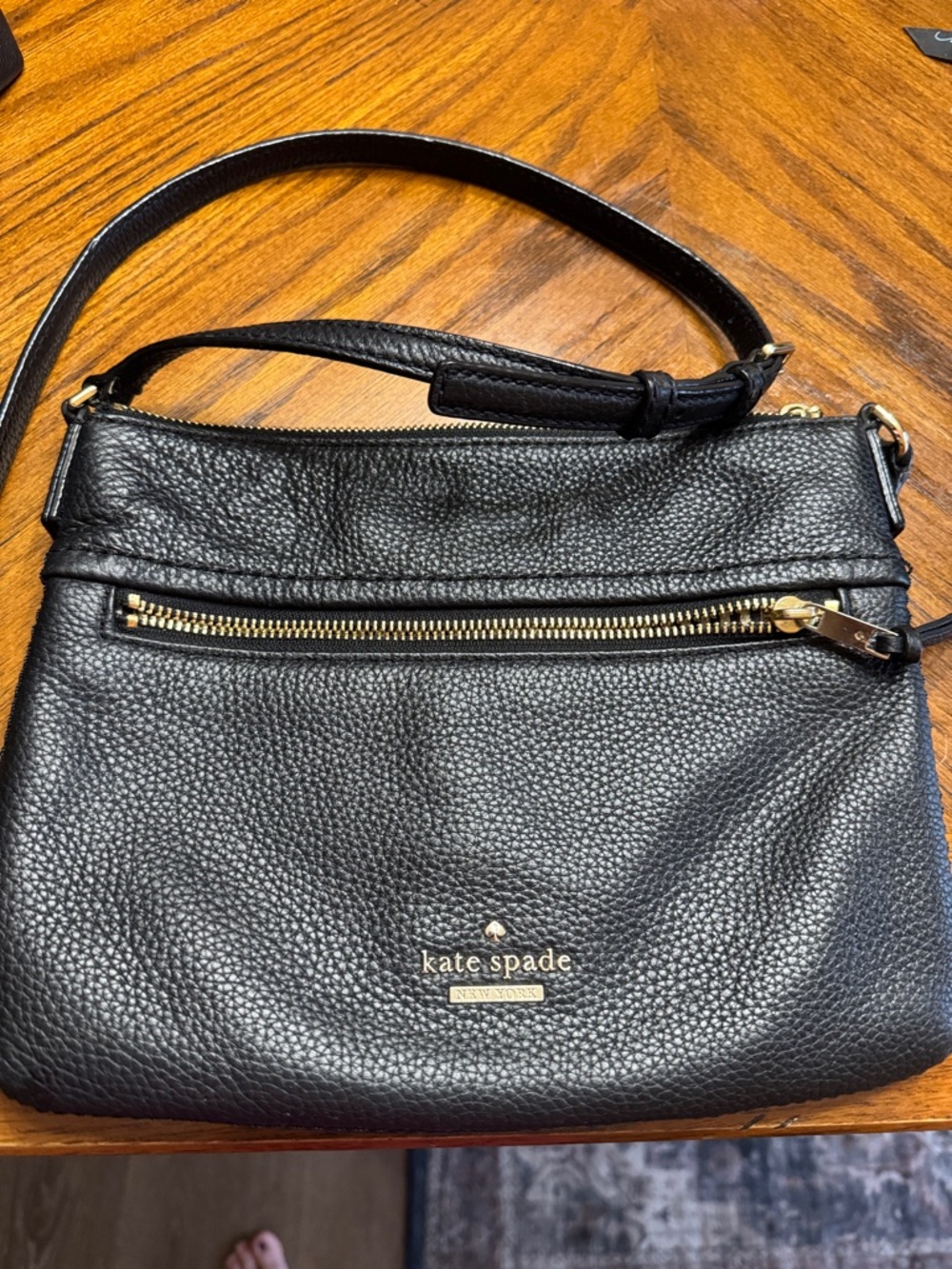 kate spade Black Pebbled Leather Gold-Tone Logo Crossbody